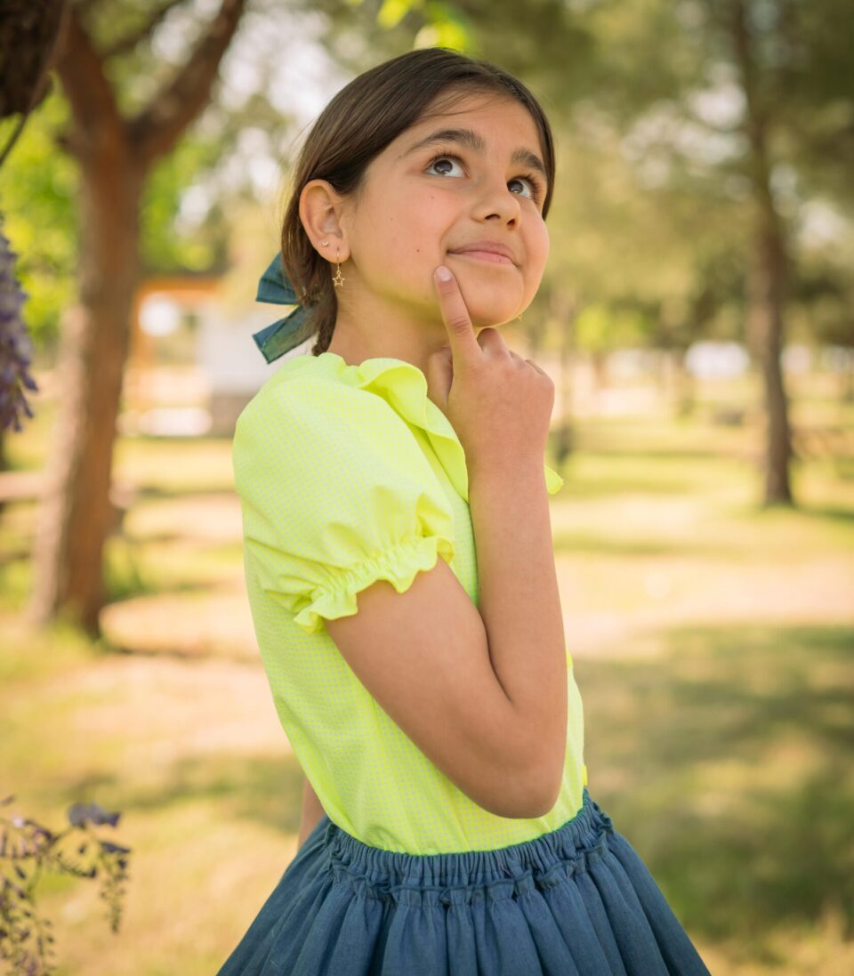 Camisa manga corta colección Vichy amarillo flúor